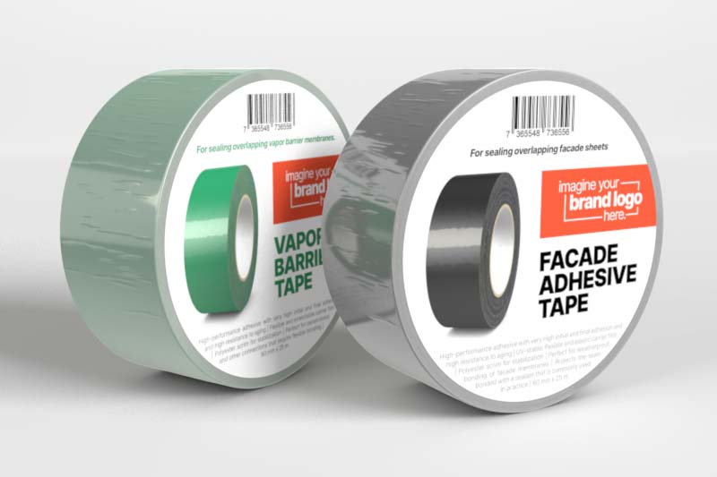 Zwei einzeln in Folie verpackte Klebebandrollen mit Rundetikett, einmal „Vapor Barrier Tape“ in Grün und einmal „Facade Adhesive Tape“ in Schwarz, beide mit Platz für das eigene Markenlogo.