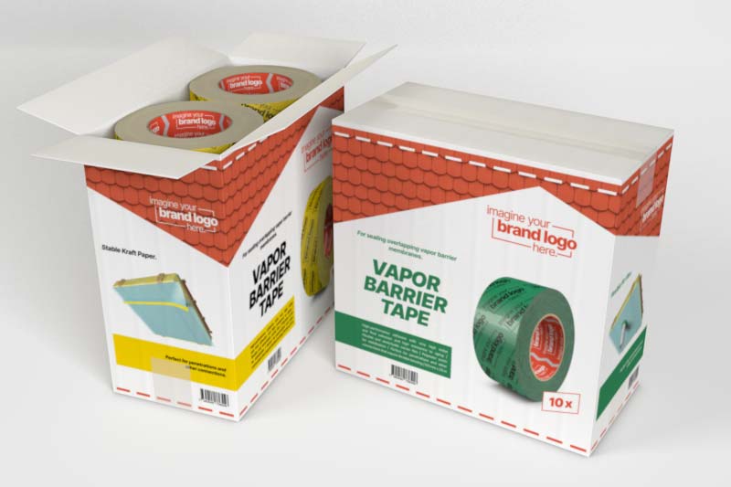 Zwei rechteckige Kartons „Vapor Barrier Tape“ mit individuell gestaltbarem Markenaufdruck, eine Schachtel offen mit sichtbaren Klebebandrollen im Inneren.