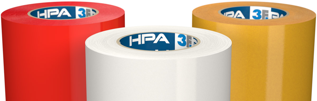 3F HPA Industrieklebeband (High Performance Adhesive) mit UV-Technologie – Rollen in Rot, Weiß und Gelb