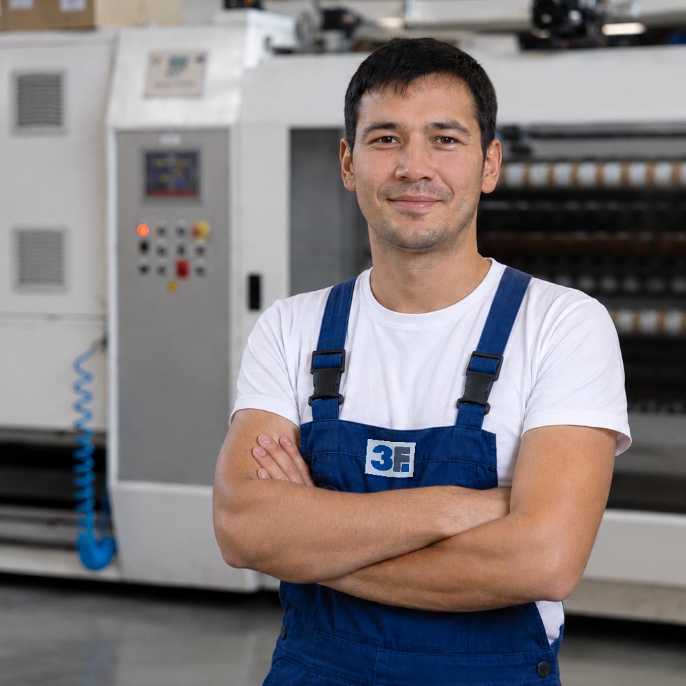 Junger Produktionsmitarbeiter in blauer Latzhose und weißem T-Shirt steht mit verschränkten Armen vor einer Fertigungsmaschine.